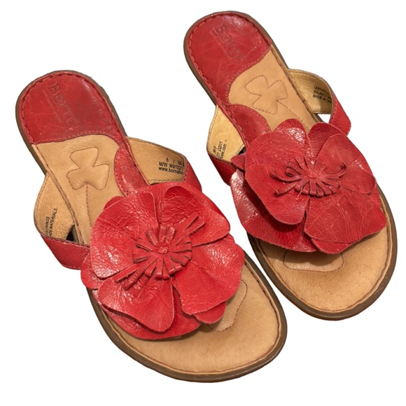 Born Red Leather Flip Flops with Flower Detail 6 - Picture 1 of 8